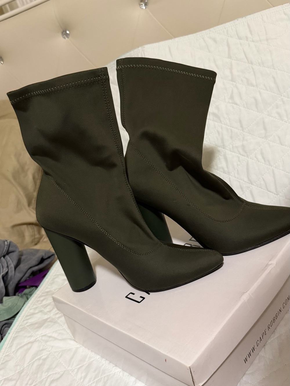 Cape Robbin Olive Stretch Sock Booties with Block Heel